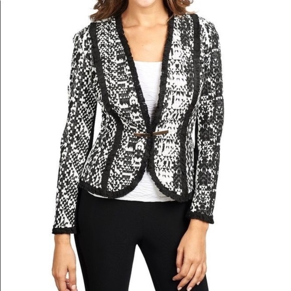 Joseph Ribkoff, Blazer, Black And White, With Black Fringe Trim, Size 8 - Picture 5 of 15
